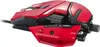 A close-up, side view of a red and black gaming mouse against a white background. Produktbild-Vorschau