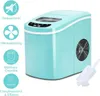 A teal ice maker with various feature icons and text on the left side, and an ice scoop with ice cubes in the foreground. Náhľad obrázku produktu