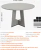 A round dining table with a pedestal base, shown from a slightly elevated angle. Dimensions and specifications are displayed in text boxes around the image, and assembly hardware is shown in the lower right corner. Anteprima dell’immagine prodotto