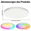 A white LED ceiling light with dimensions indicated, and two examples of the light displaying different color gradients. Produktbild-Vorschau