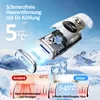 Collage showing a hair removal device with ice cooling technology, highlighting its features and benefits compared to other methods. The background features snowy mountains and ice cubes. Produktbild-Vorschau