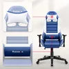 A collage showing a blue and white gaming chair with close-up views of its headrest and seat. Produktbild-Vorschau