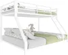 A white metal bunk bed with mattresses and decorative pillows and stuffed animals. Voir les images du produit