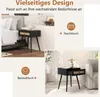 Collage of images showing a black nightstand with a rattan drawer, placed next to a bed and a sofa, with text overlays indicating its versatility. Podgląd zdjęcia produktu