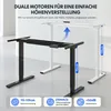 Two standing desks, one black and one white, with an arrow indicating height adjustment. Feature callouts are present at the bottom. Anteprima dell’immagine prodotto