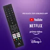A remote control is shown next to logos of popular streaming services, with text promoting app access. Produktbild-Vorschau