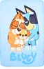 A light blue blanket with a cartoon illustration of two dogs hugging a smaller dog, with the word 'BLUEY' written below. Produktbild-Vorschau