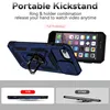A dark blue phone case with a ring stand is shown, with a phone inside it. The image also includes comparison shots of the product. Produktbild-Vorschau