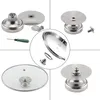 A collage of images showing different views and components of stainless steel pot lid knobs, including a screwdriver. Produktbild-Vorschau