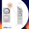 A marketing image showing a BROLLUX electric heater with close-ups of its control dials and a diagram illustrating its fan function. Dimensions are also indicated. Produktbild-Vorschau