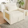 A beige sofa bed with a pillow is shown in a room with a dresser and a plant. Produktbild-Vorschau