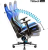 A gaming chair with a blue and black design, shown in a tilted position to demonstrate its functionality. Náhľad obrázku produktu