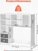 A diagram showing the dimensions of a white bookshelf with gray drawers. Podgląd zdjęcia produktu