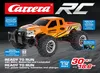 A marketing image of an orange remote-controlled Ford F-150 Raptor truck with various feature callouts. Voir les images du produit