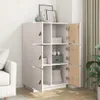 A modern white storage cabinet with natural wood doors. Voir les images du produit