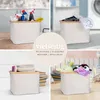 Collage of four images showing a storage basket used for cleaning supplies, laundry, books, and toys. Produktbild-Vorschau