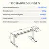 A diagram of a standing desk with technical specifications listed above. Produktbild-Vorschau