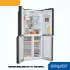 An open refrigerator with its interior illuminated, showcasing various food items and storage compartments. Produktbild-Vorschau