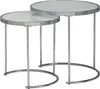Two nesting round side tables with white glass tops and chrome metal frames are shown against a white background. Produktbild-Vorschau