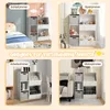 A collage of four images showing a white storage unit with fabric bins in different room settings: a bedroom, a playroom, a home office, and a living room. Text overlays indicate the room types. Podgląd zdjęcia produktu