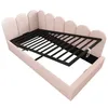 A pink upholstered bed frame with the mattress support system visible. Produktbild-Vorschau