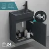 A dark gray bathroom vanity with a sink and faucet, with the cabinet door open to reveal toiletries. A close-up of the cabinet hinges is shown in a circular inset. Produktbild-Vorschau