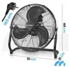A black industrial floor fan with dimensions indicated by superimposed text and lines. Voir les images du produit