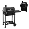 A black charcoal grill with a side shelf and a black grill cover shown separately. Produktbild-Vorschau