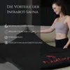 A woman is holding a black infrared sauna blanket, with text listing benefits of infrared saunas. Produktbild-Vorschau