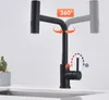 A black kitchen faucet is shown with graphics indicating its 360-degree rotation and temperature control. Náhled obrázku produktu