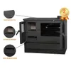 A black wood-burning stove with labels pointing to different parts of the product. Produktbild-Vorschau