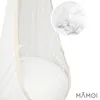 Close-up of a white children's hanging chair with beige fabric straps and a magnified view of the filling material. Náhľad obrázku produktu