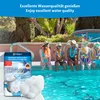 People sitting by a pool with a product box and filter balls. Produktbild-Vorschau