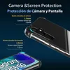 A close-up marketing image showing a transparent phone case highlighting its protective features for the camera and screen. Produktbild-Vorschau
