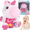 A collage of a plush unicorn toy, its packaging, and a baby. Anteprima dell’immagine prodotto