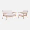 A beige two-seater sofa and a beige armchair with light wood frames are shown against a white background. Anteprima dell’immagine prodotto