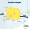 A yellow steam cleaner with dimensions indicated, placed on a white surface resembling a bed. Podgląd zdjęcia produktu