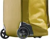 Close-up of the wheels and bottom corner of a yellow duffel bag. Produktbild-Vorschau