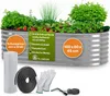 A raised garden bed with plants and accessories, along with descriptive text and dimensions. Produktbild-Vorschau