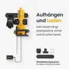 A yellow chainsaw and gloves are mounted on a wall bracket with a charger. Text describes the mounting and charging features. Produktbild-Vorschau