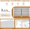 A marketing image showcasing a white sideboard with gold legs, highlighting its storage capacity and adjustable shelves, along with a close-up of its surface and a robot vacuum cleaner. Voir les images du produit