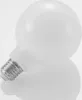 A close-up studio shot of a white globe-shaped LED light bulb with a silver screw base, resting on a reflective surface. Produktbild-Vorschau