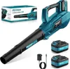 A cordless leaf blower with two batteries and a charger, displayed on a white background with its packaging in the background. Produktbild-Vorschau