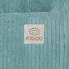 A close-up of a label on a teal corduroy fabric. Produktbild-Vorschau