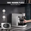 A commercial coffee maker is shown on a countertop, with a hand pouring coffee into a carafe. Text overlays highlight features. Produktbild-Vorschau