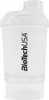 A transparent shaker bottle with the brand logo printed vertically on it. Produktbild-Vorschau