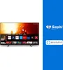 A television displaying a smart TV interface with various app icons and a promotional graphic on the right side. Produktbild-Vorschau