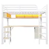 A white metal loft bed with an integrated L-shaped desk and shelving. The shelving under the loft bed has yellow LED lighting. Anteprima dell’immagine prodotto