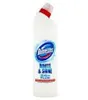 A white bottle of Domestos toilet cleaner with blue and red branding. Produktbild-Vorschau