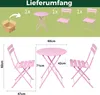 A diagram showing a pink bistro set with dimensions and a depiction of the contents of a delivery box. Produktbild-Vorschau